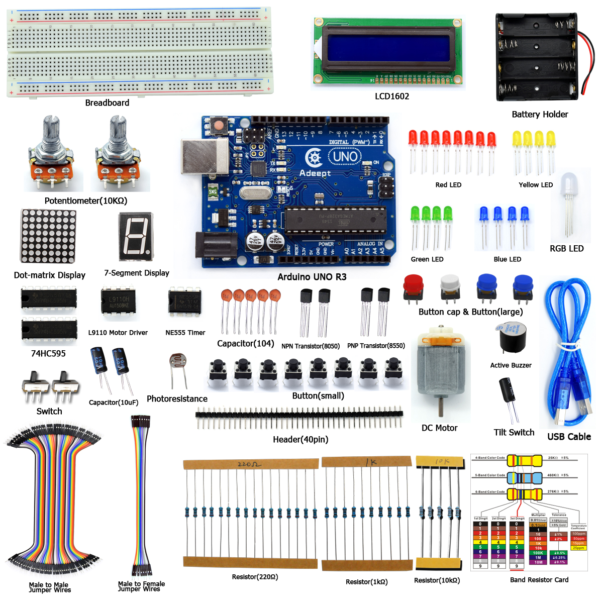 Adeept super starter kit for arduino uno r3 lcd1602 breadboad dc