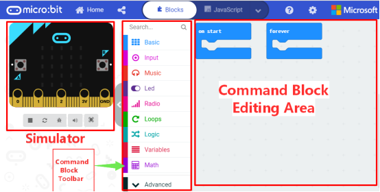 The user interface of the Microsoft MakeCode Micro:bit editor